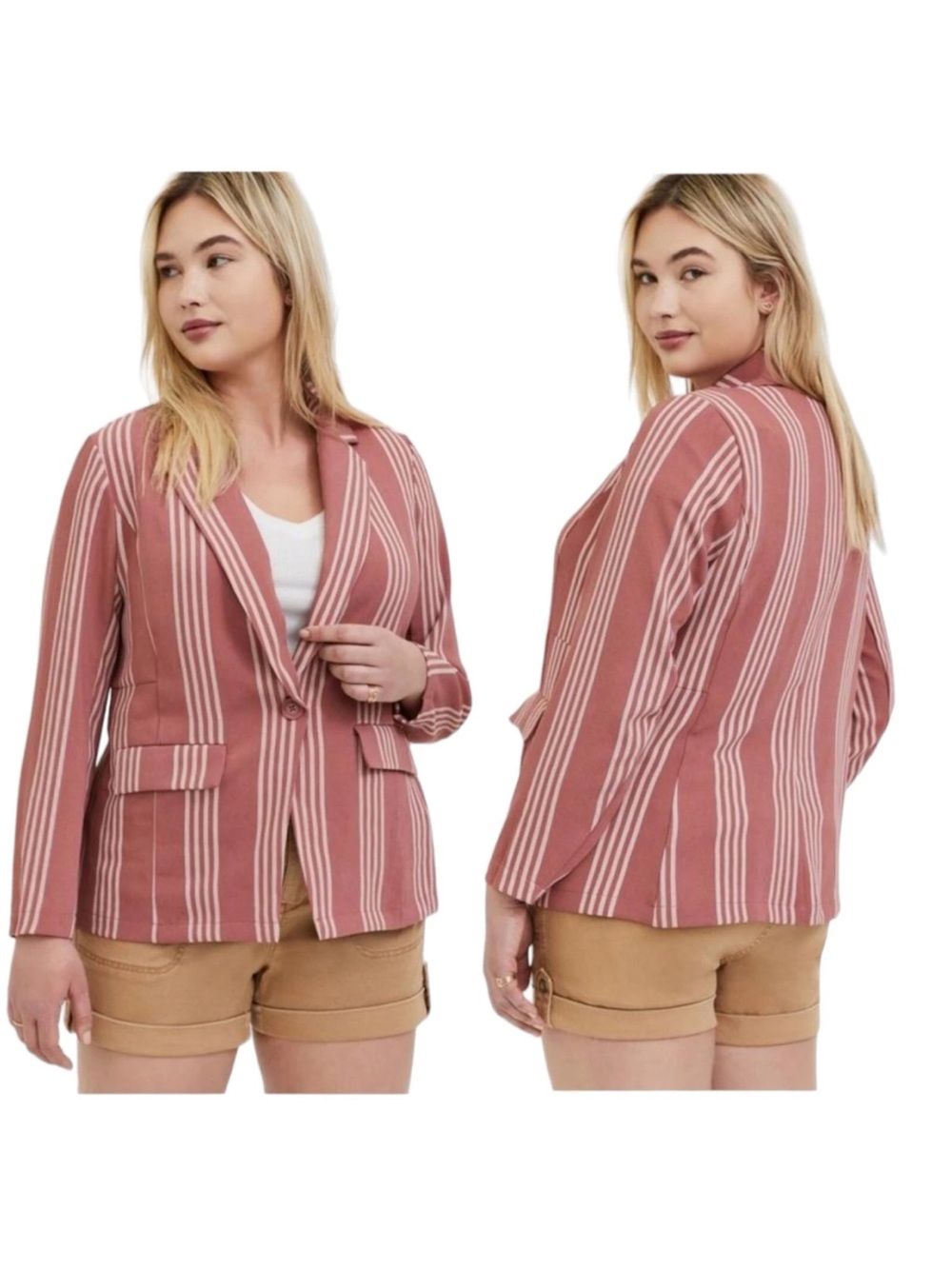 Torrid Womens Blazer Boyfriend Mauve Pink White Striped Business Casual Jacket 2